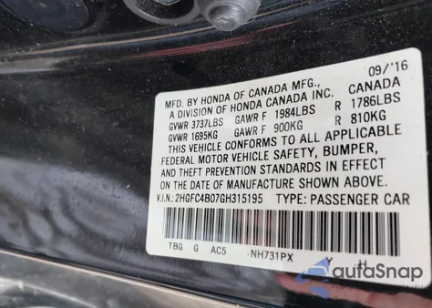 2016 Honda Civic Lx-P z USA, uszkodzony, nr VIN 2HGFC4B07GH315195